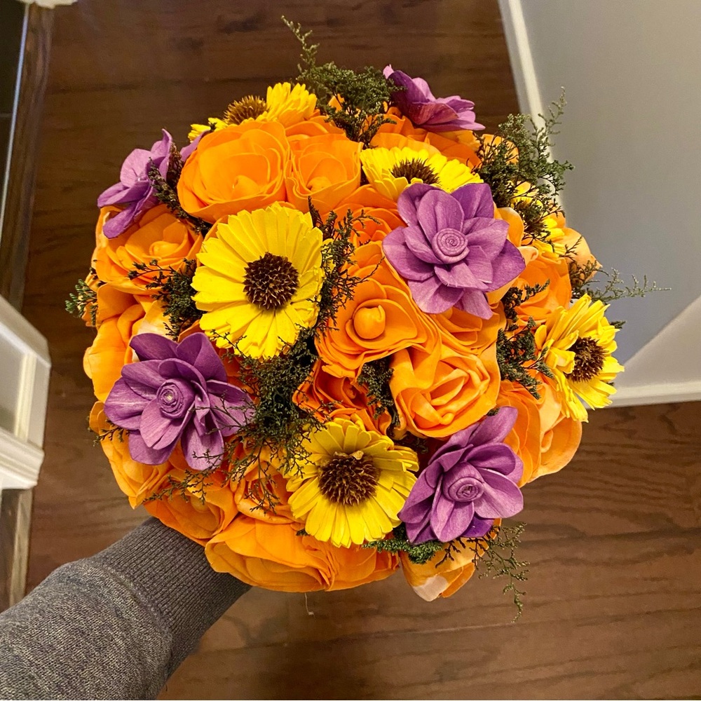 Vibrant Orange and Purple Floral Bouquet made from Wood